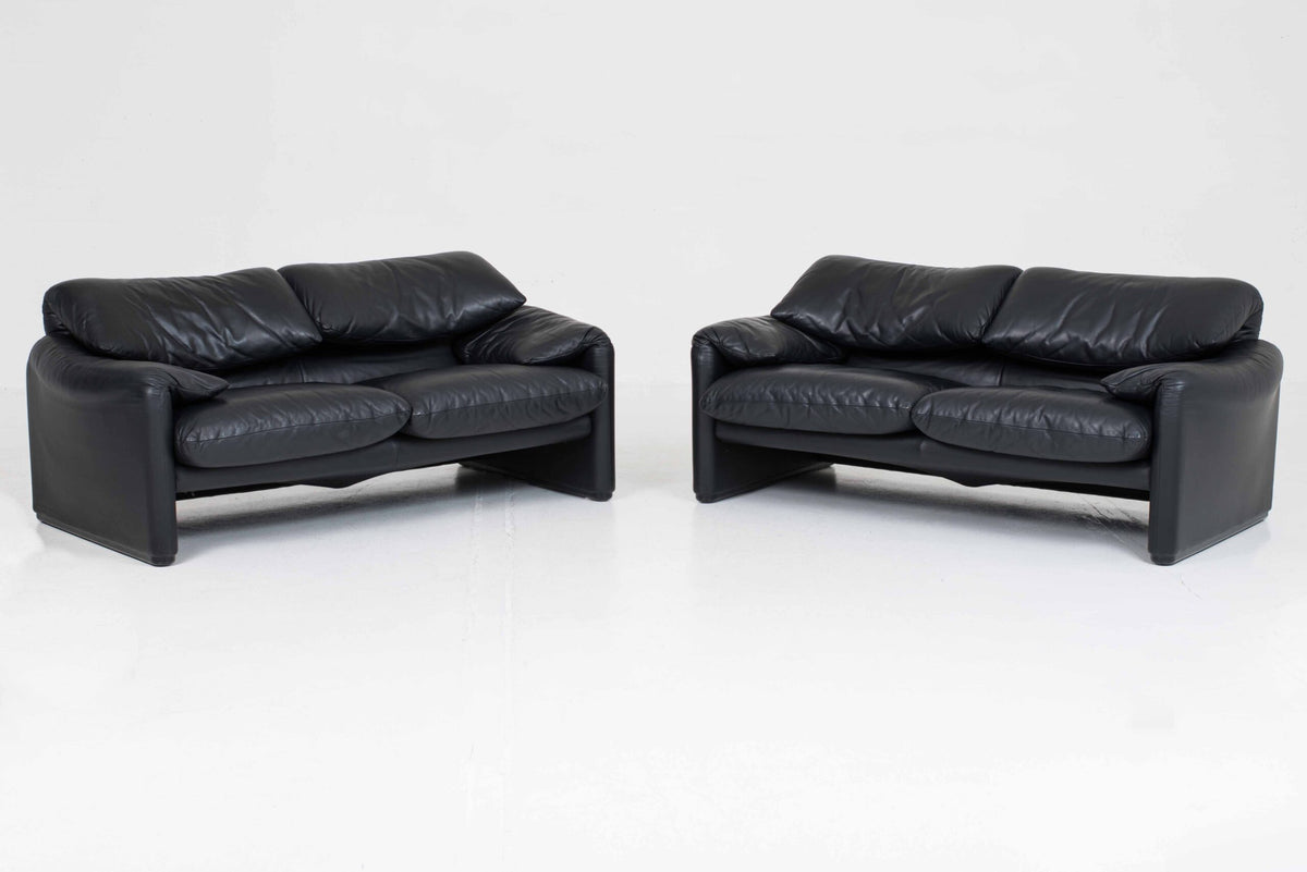 Vintage Sofa "Maralunga" von Vico Magistretti für Cassina, schwarzes Leder