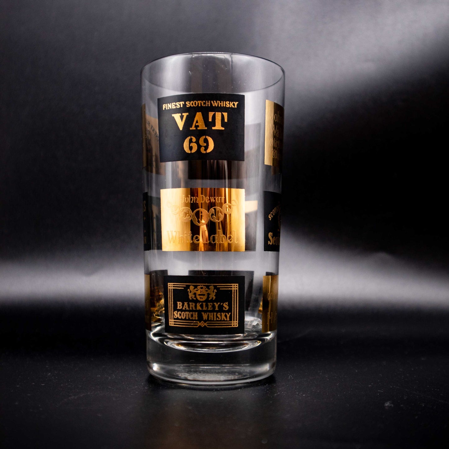 Vintage Longdrinkglas Set von 6 mit Schwarz Gold Spirituosen Dekor