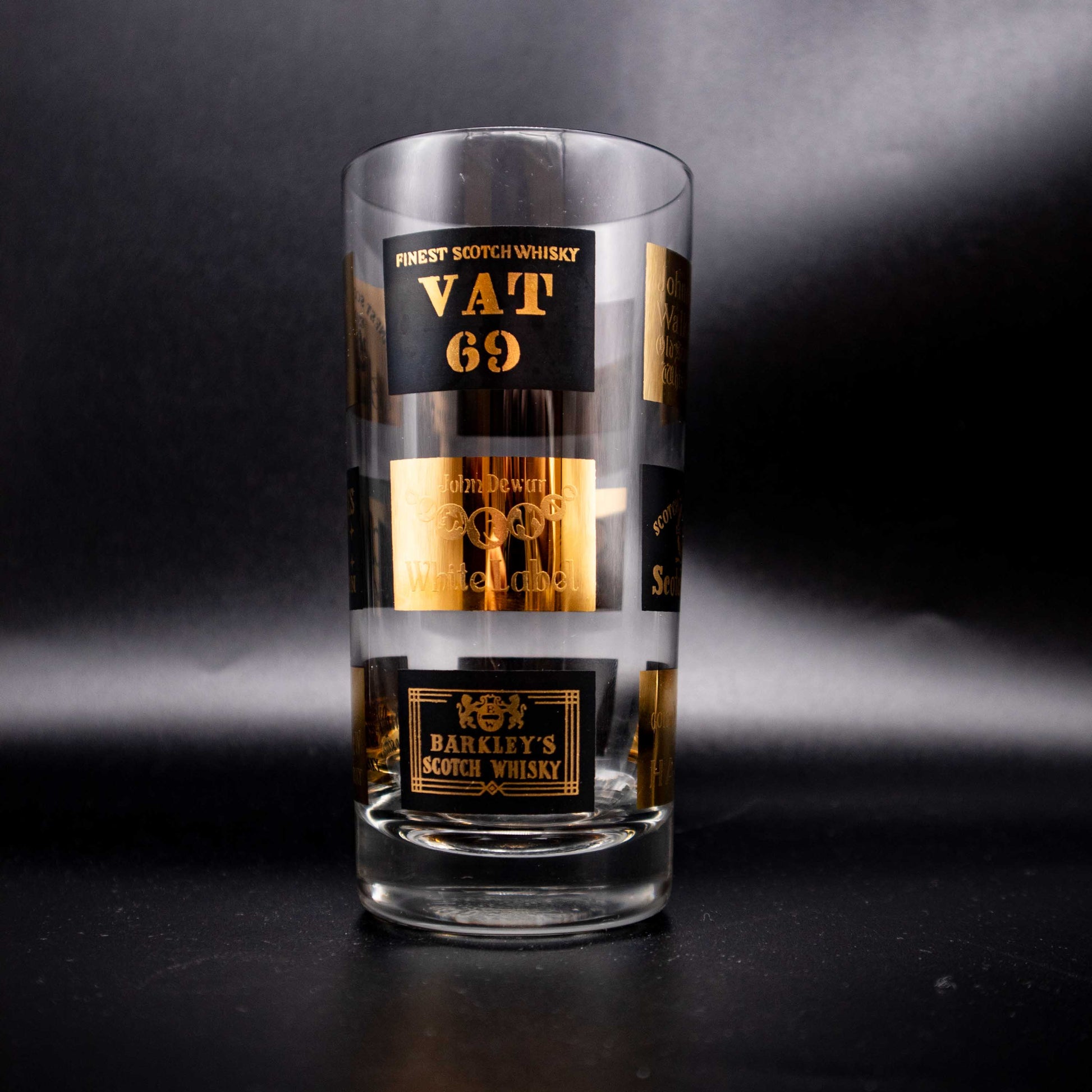 Vintage Longdrinkglas Set von 6 mit Schwarz Gold Spirituosen Dekor