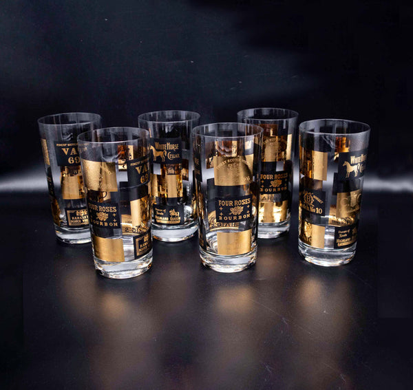 Vintage Longdrinkglas Set von 6 mit Schwarz Gold Spirituosen Dekor