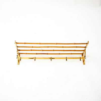 Vintage wall-mounted coat rack in brass and bamboo, patinated finish