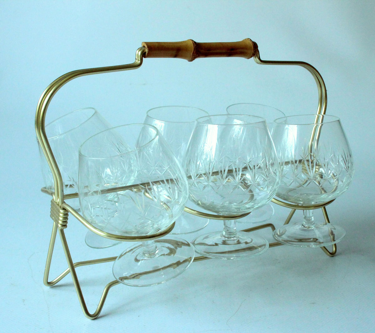 Set von 6 Vintage Cognacgläsern im Messingständer