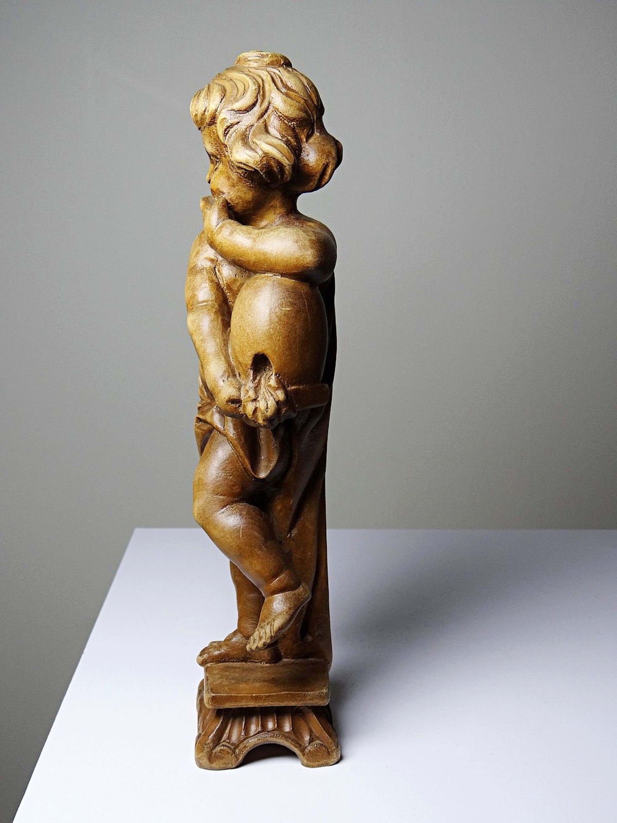 Vintage Skulptur Putto "Honigschlecker" nach Joseph Anton Feuchtmayer, Holz