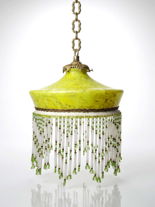 Vintage Lampenschirm Art Déco Glas marmoriert gelb mit Perlenfranse