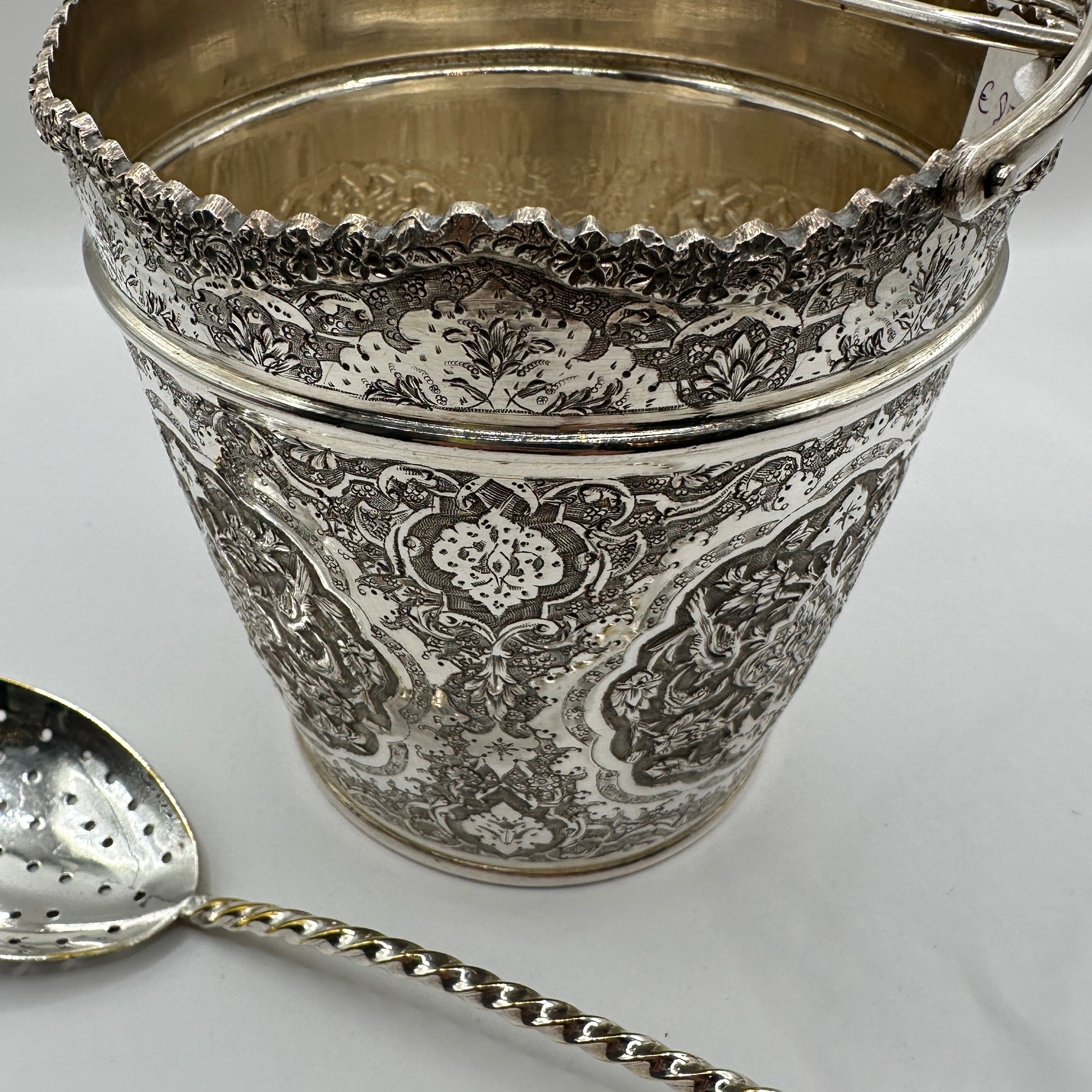 Handgefertigt Silber-Set Eiskühler, Silberzange, gelochte Servierkelle