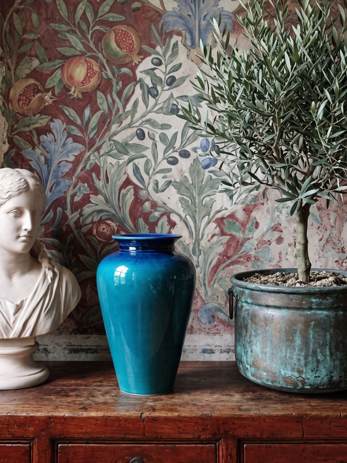 Vintage Keramikvase Dinis Portugal Türkis Kobaltblau