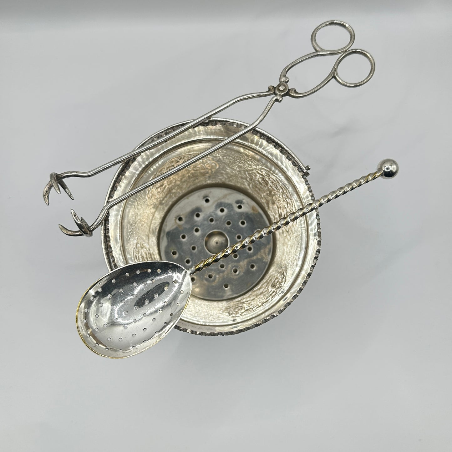 Handgefertigt Silber-Set Eiskühler, Silberzange, gelochte Servierkelle