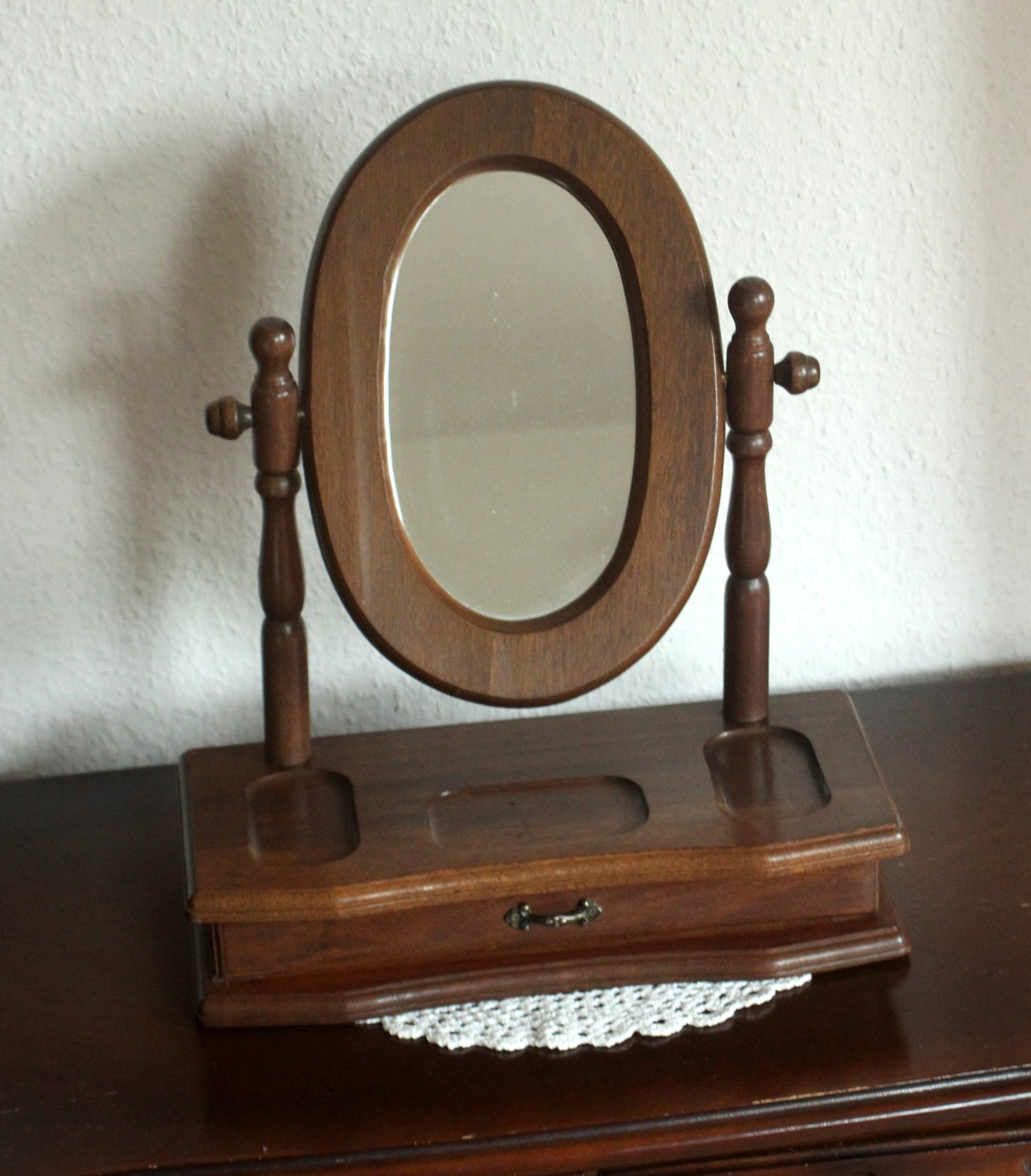 Vintage Schminkspiegel aus Holz und Glas mit Schublade