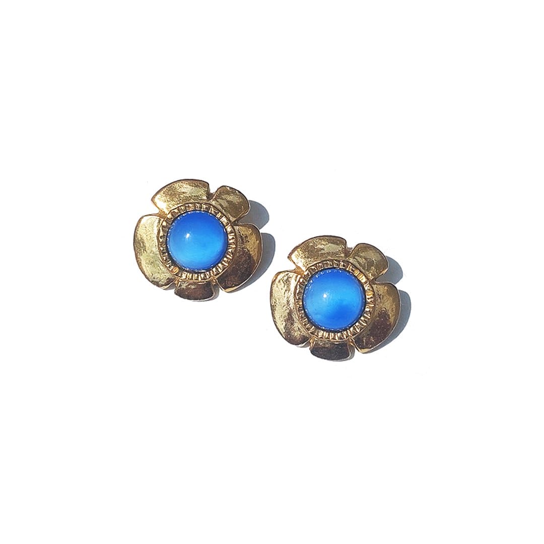 Vintage Ohrclip Blumenform Metall Gold Blau