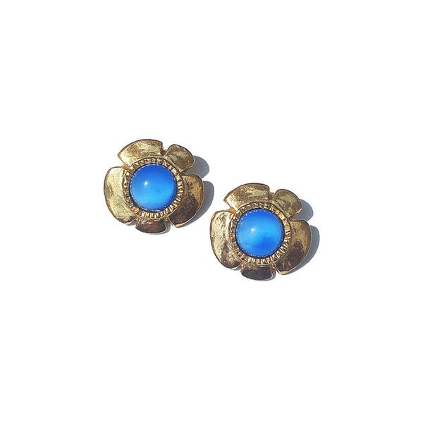 Vintage Ohrclip Blumenform Metall Gold Blau