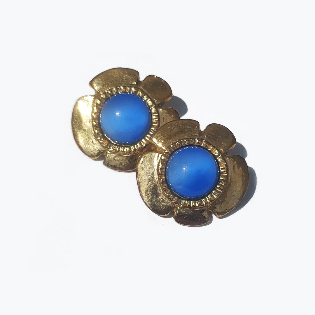 Vintage Ohrclip Blumenform Metall Gold Blau