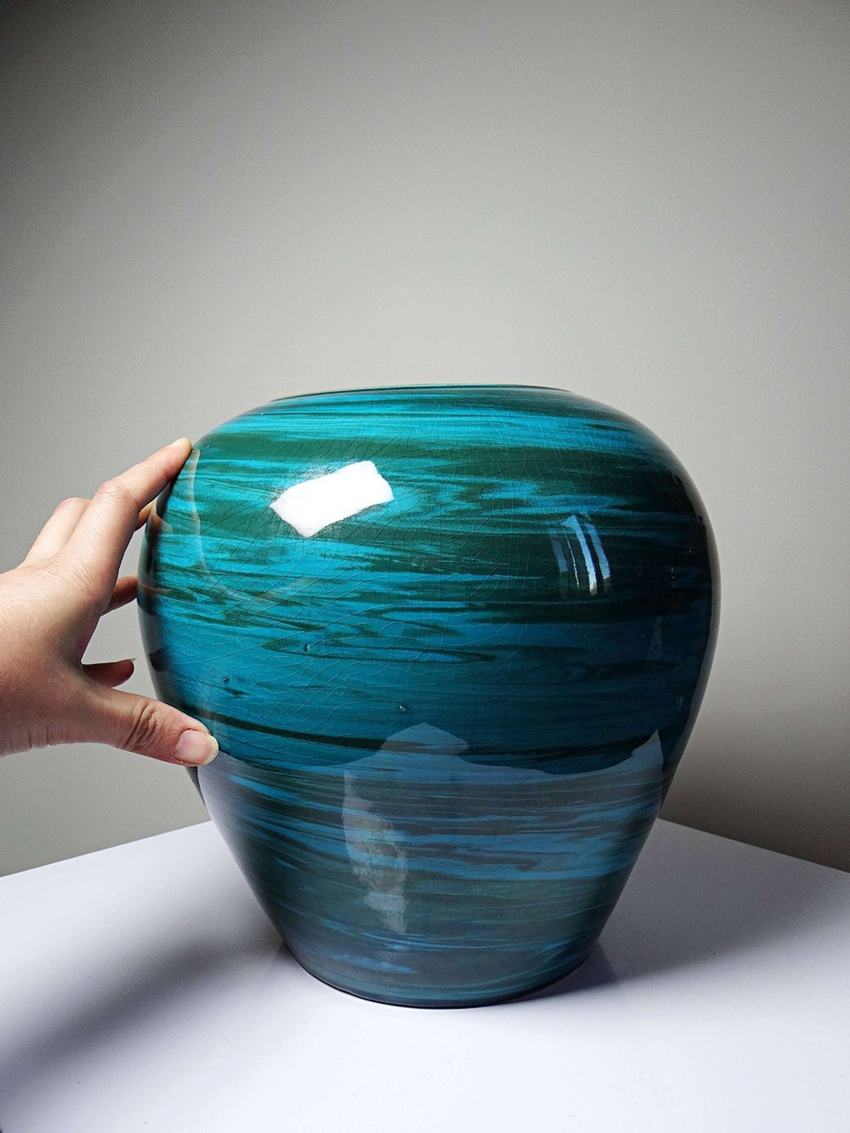Vintage Keramikvase malachitgrün, Mid-Century