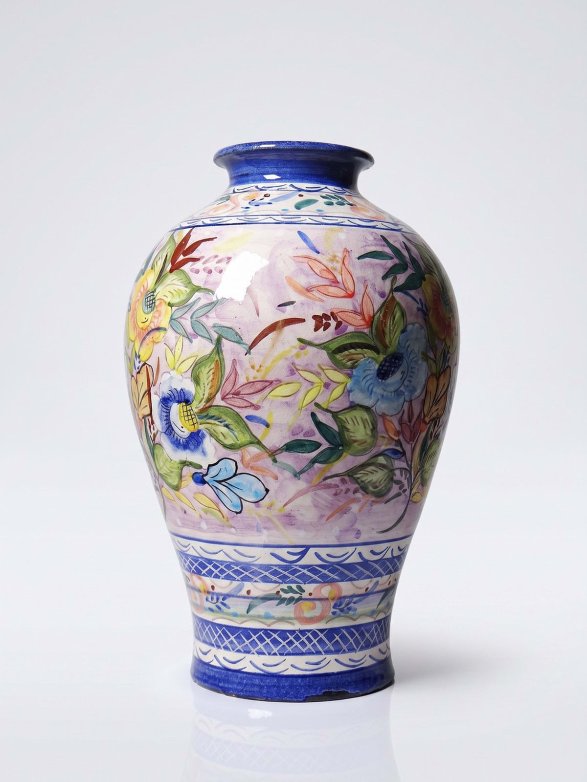 Vintage Vase Keramik handbemalt, Blumendekor, Portugal