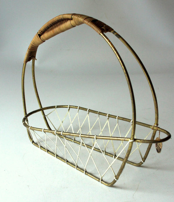 Vintage Flaschenkorb Messing und Rattan, Mid-Century