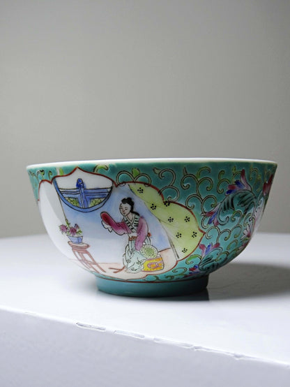 Vintage Porzellanschale Famille Rose Jingdezhen, Damen-Motiv 60er