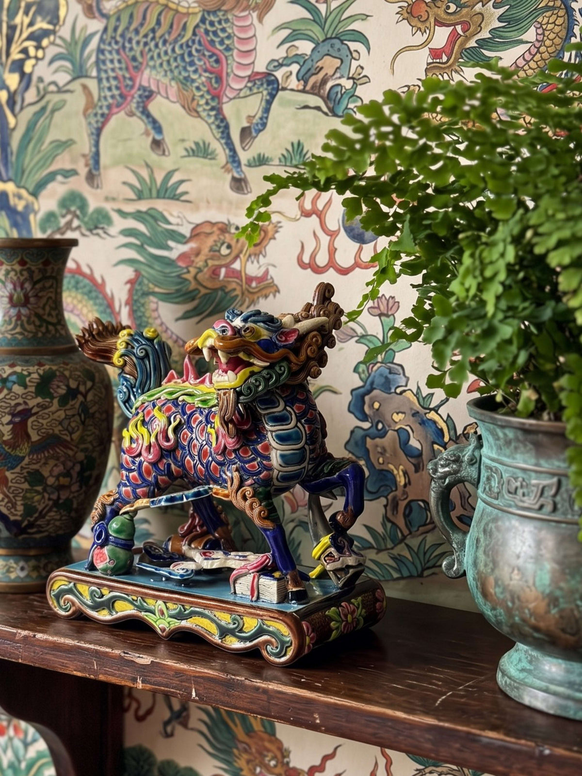 Chinesische Qilin Skulptur aus Keramik von Jiaozhi, polychrom emailliert