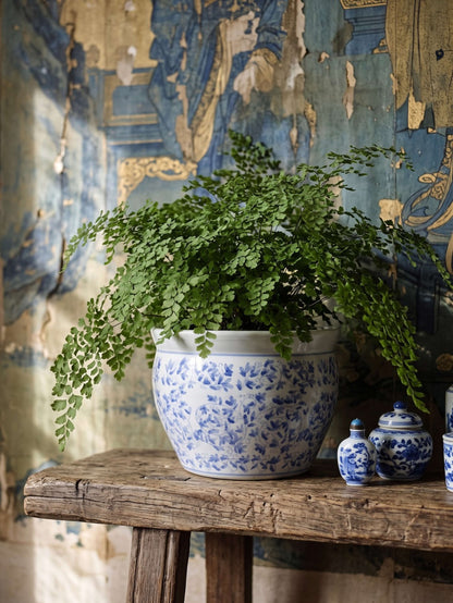 Vintage Übertopf Porzellan blau-weiß mit Blütendekor, China