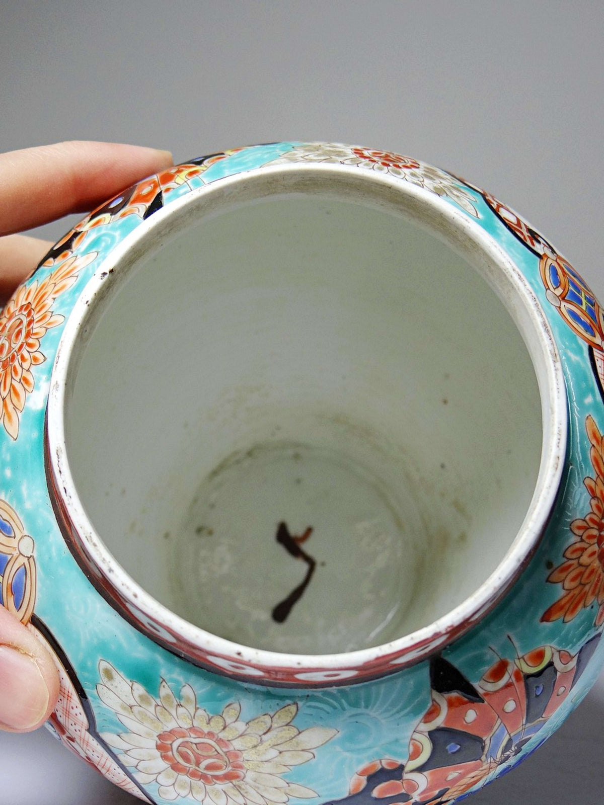 Vintage Vase Porzellan handbemalt, Meiji-Periode, Türkis und Gold