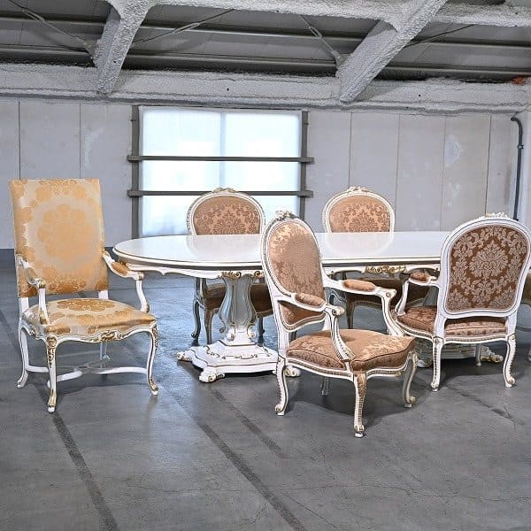 Vintage Esszimmer Set von 7 Italien Rococo Esszimmertisch und Stuhl Set von 7 einzigartig
