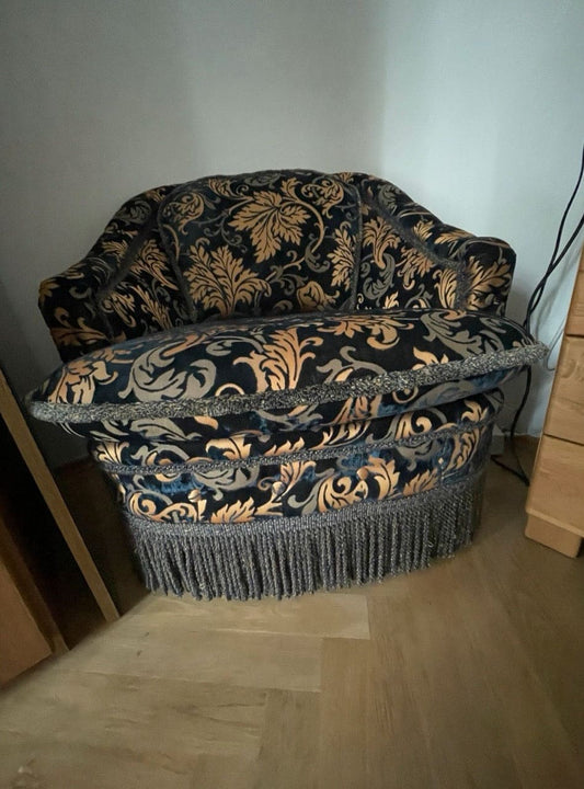 Fauteuil vintage à franges de style baroque/Hollywood Regency