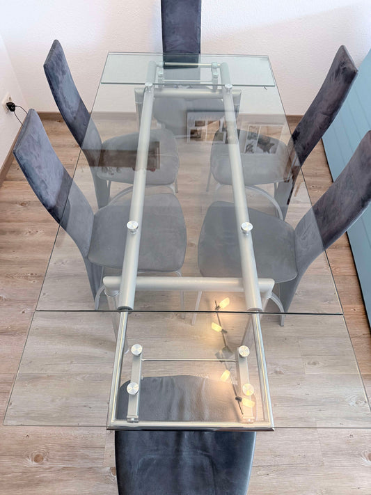 Vintage Esstischset ausziehbarer Glastisch von Möbel Hesse und Stuhl Set von 6, guter Zustand