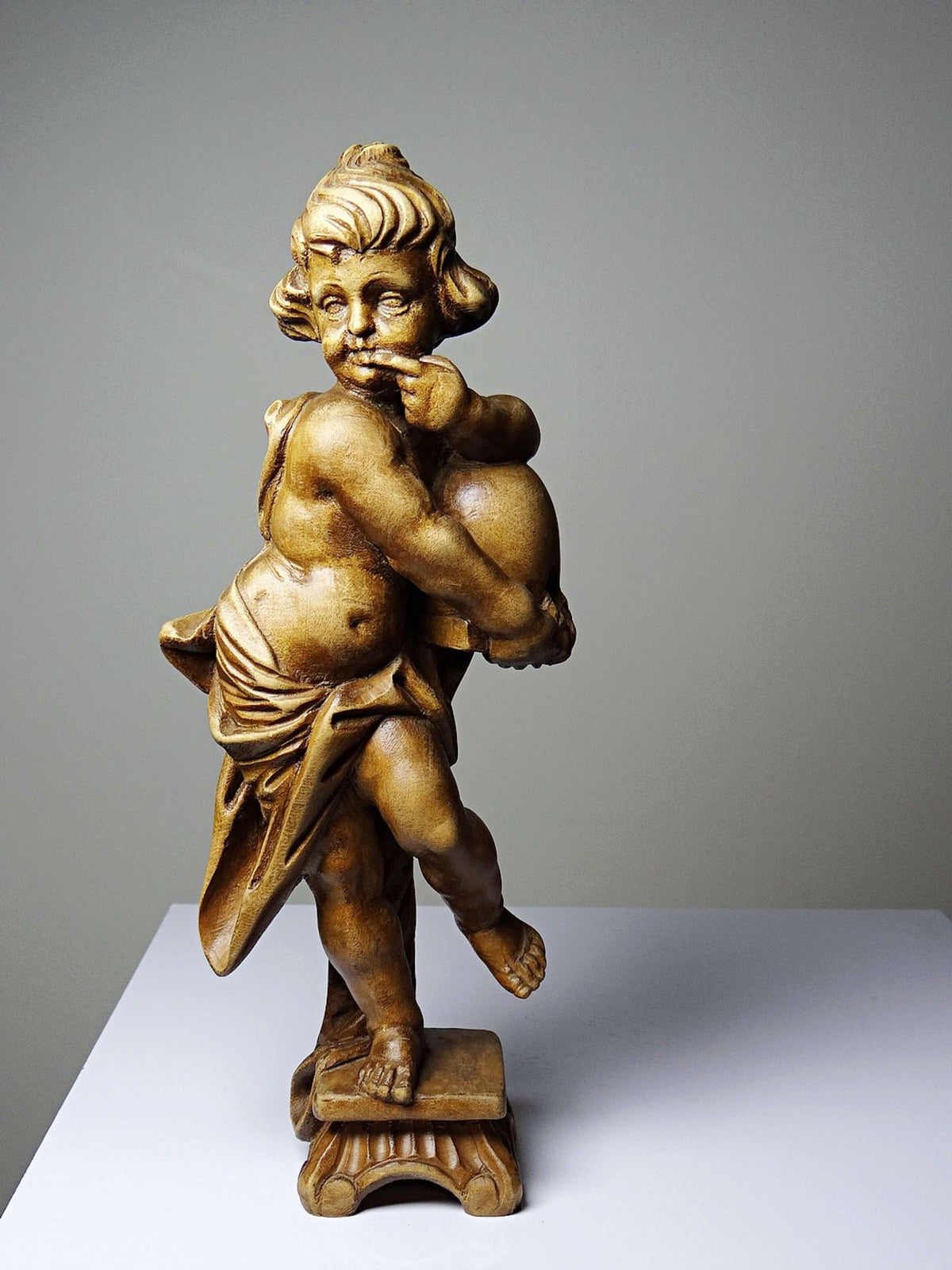 Vintage Skulptur Putto "Honigschlecker" nach Joseph Anton Feuchtmayer, Holz