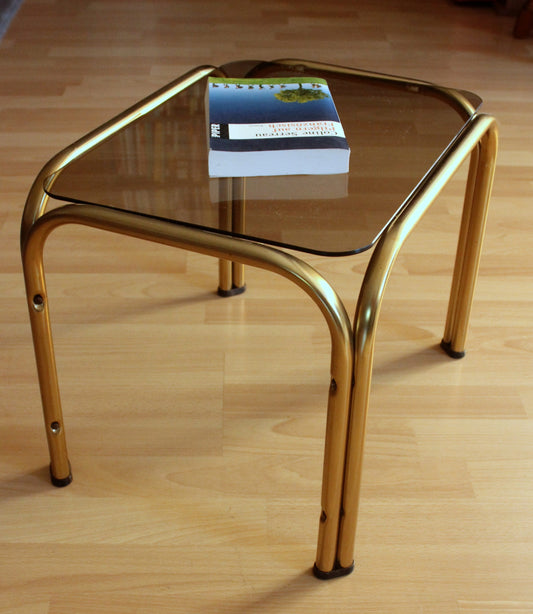 Vintage Beistelltisch Messing mit Rauchglasplatte, Space Age