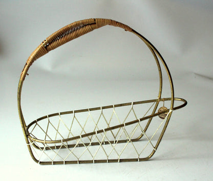 Vintage Flaschenkorb Messing und Rattan, Mid-Century