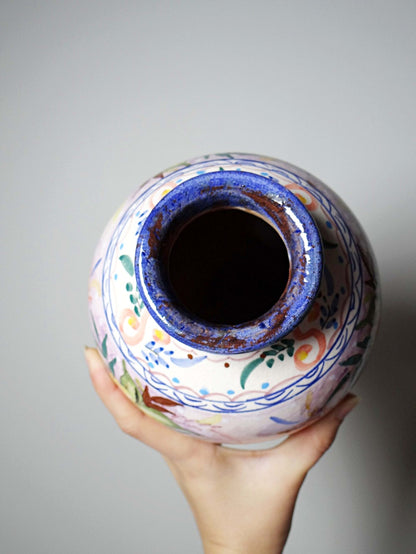 Vintage Vase Keramik handbemalt, Blumendekor, Portugal