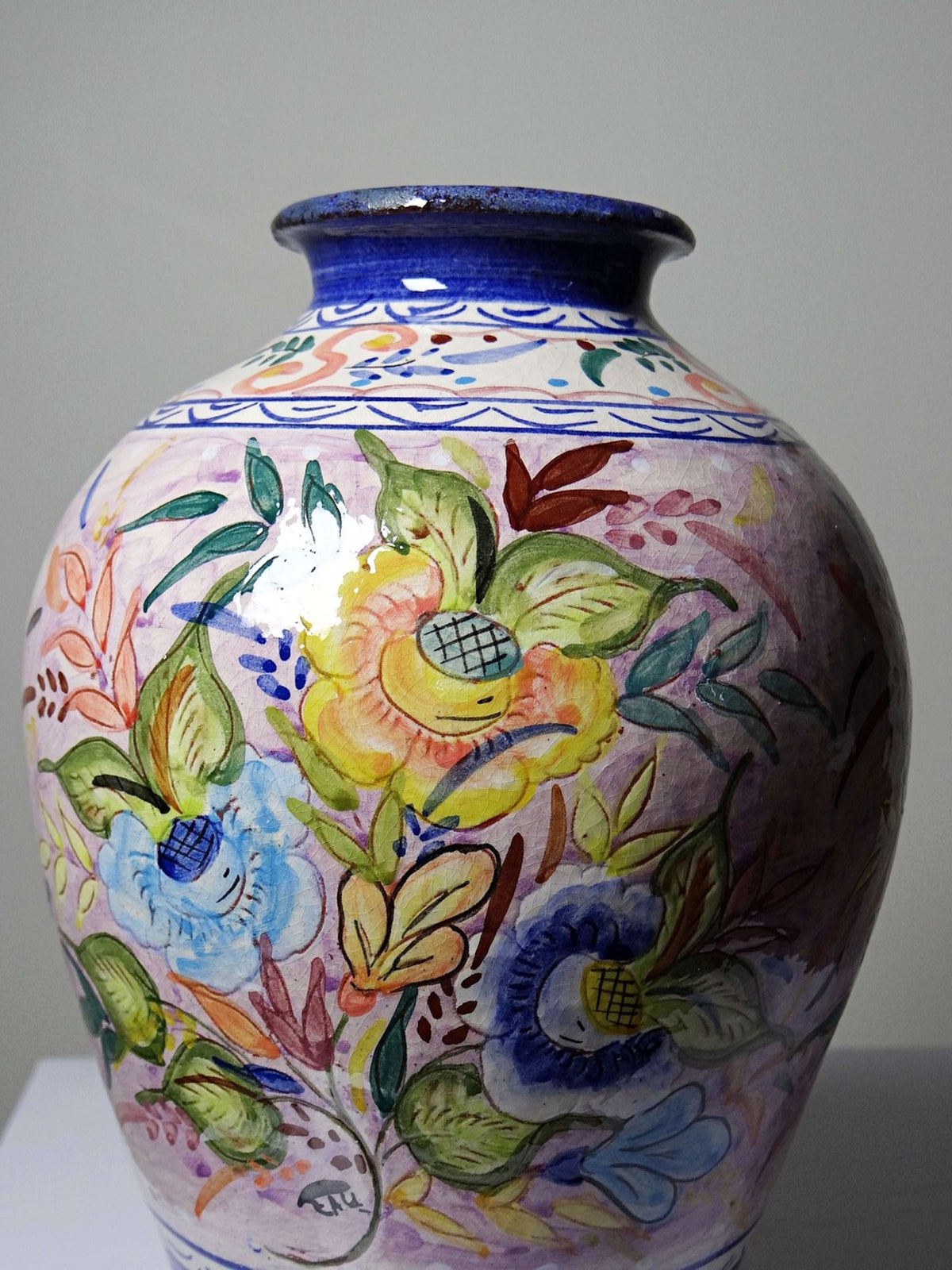 Vintage Vase Keramik handbemalt, Blumendekor, Portugal