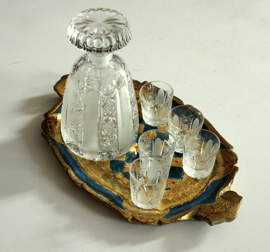 Vintage Karaffen-Set mit 5 Likörgläsern und Florentiner Tablett, Böhmen