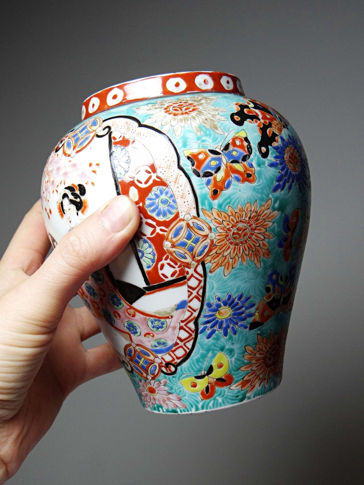 Vintage Vase Porzellan handbemalt, Meiji-Periode, Türkis und Gold