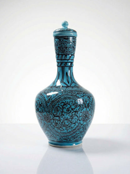Vintage Vase Iznik Türkis von persisch Schwarzdekor Glasurkeramik