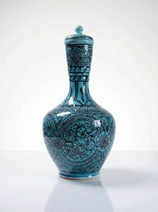 Vintage Vase Iznik Türkis von persisch Schwarzdekor Glasurkeramik