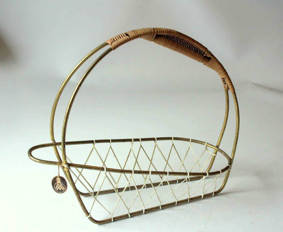 Vintage Flaschenkorb Messing und Rattan, Mid-Century