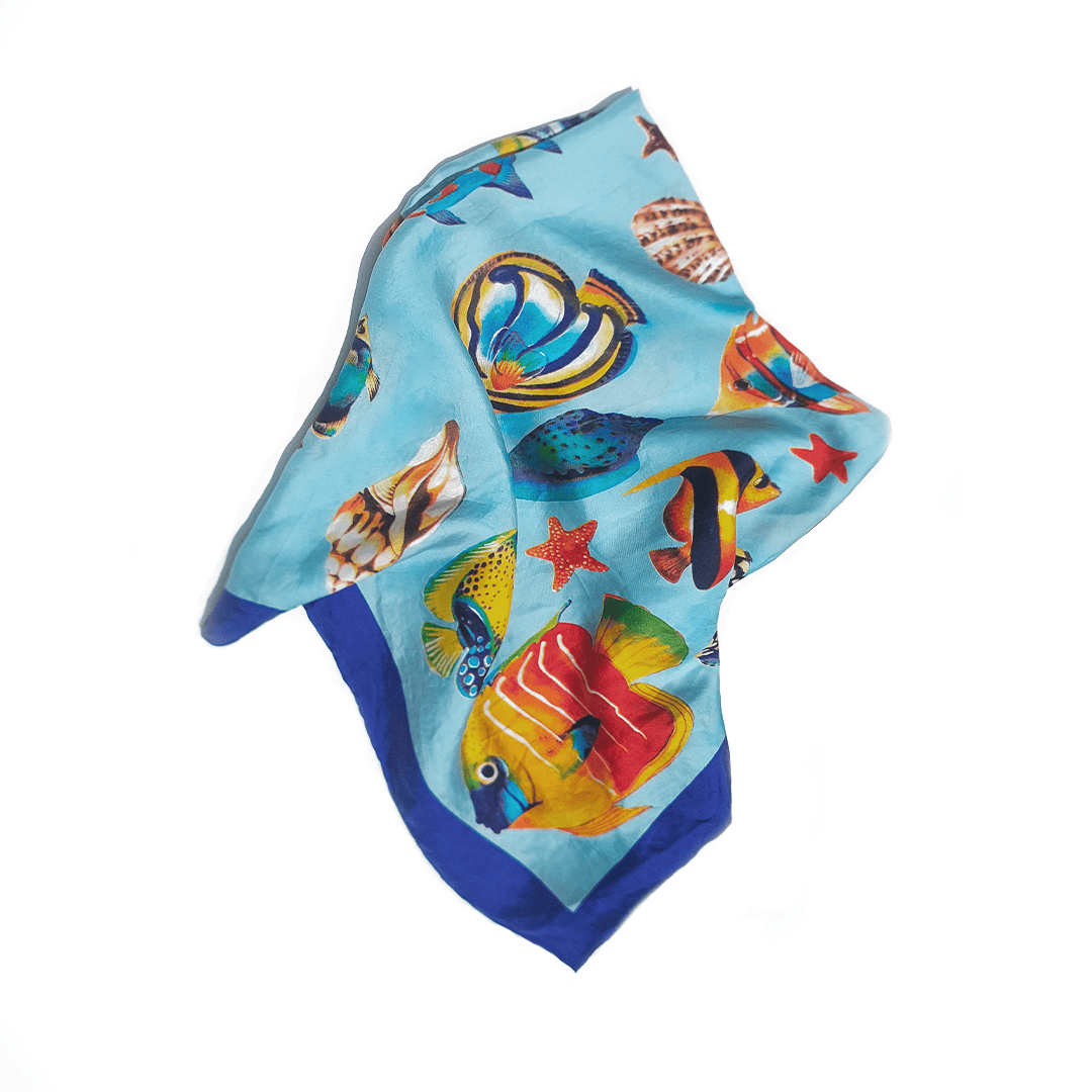 Foulard vintage Sous l'Océan II soie turquoise jaune bleu rose violet