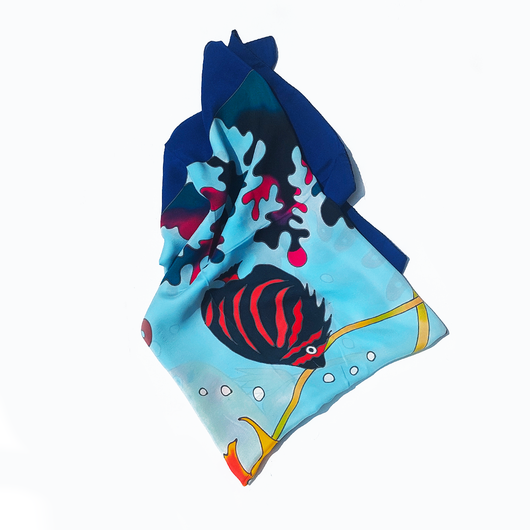 Foulard en soie vintage motif sous-marin turquoise jaune bleu marine rose violet