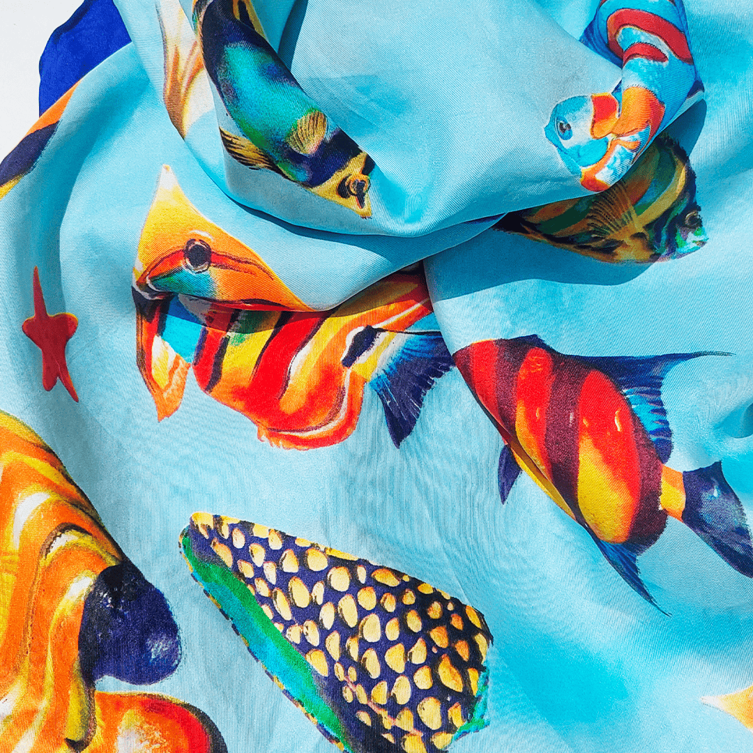 Foulard vintage Sous l'Océan II soie turquoise jaune bleu rose violet