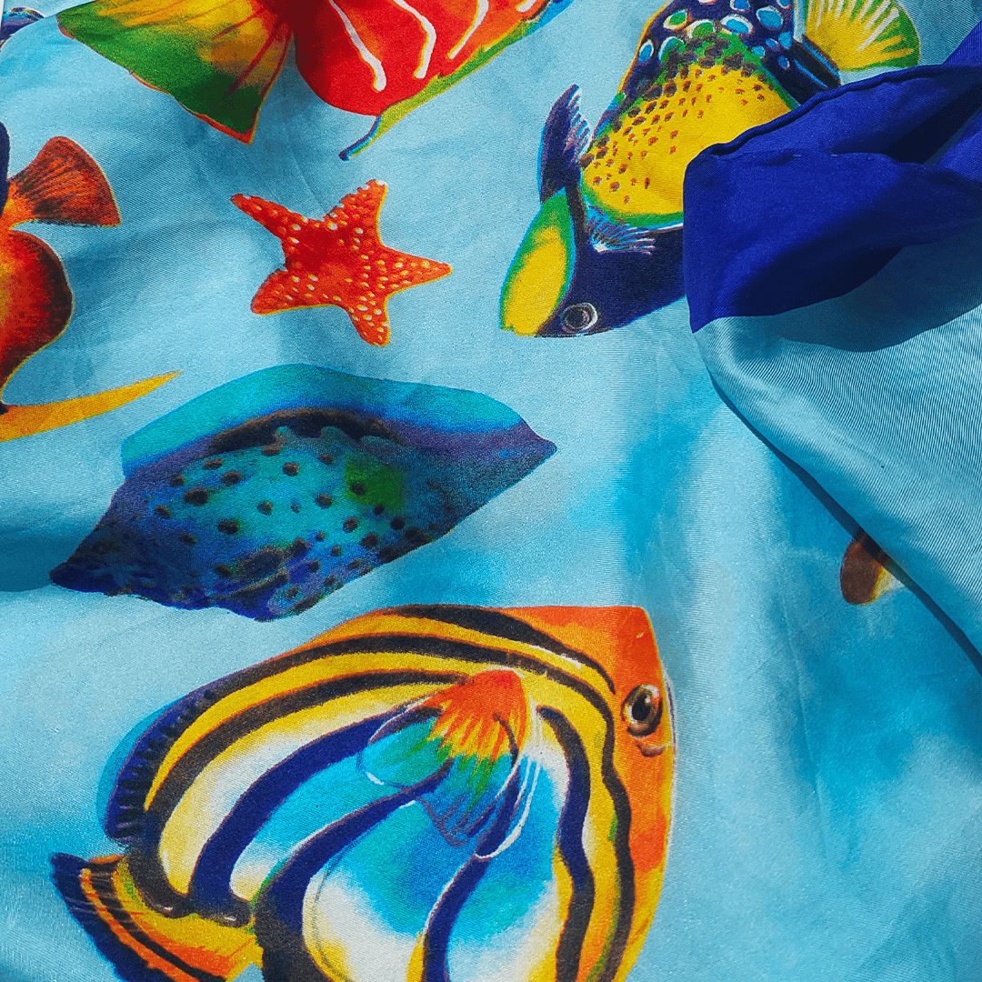 Foulard vintage Sous l'Océan II soie turquoise jaune bleu rose violet