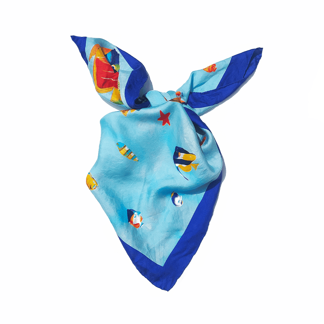 Foulard vintage Sous l'Océan II soie turquoise jaune bleu rose violet