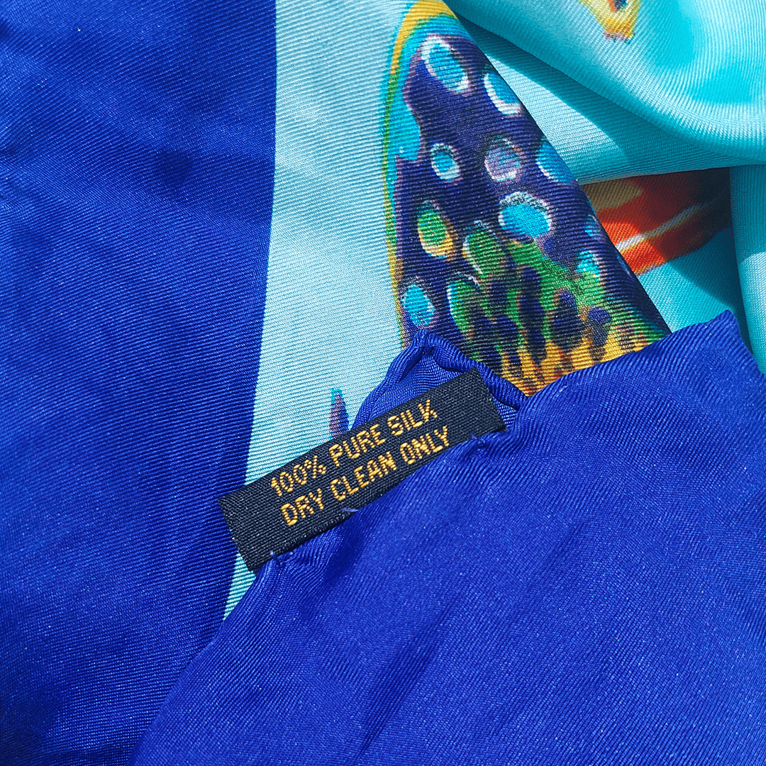 Foulard vintage Sous l'Océan II soie turquoise jaune bleu rose violet