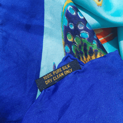 Foulard vintage Sous l'Océan II soie turquoise jaune bleu rose violet