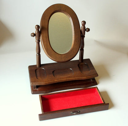 Vintage Schminkspiegel aus Holz und Glas mit Schublade
