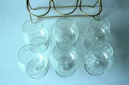 Set von 6 Vintage Cognacgläsern im Messingständer