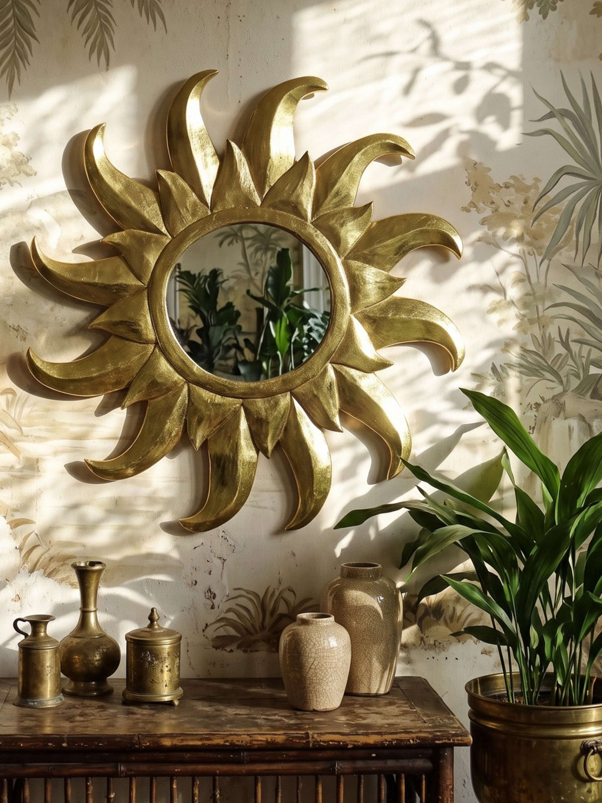 Vintage Sonnenspiegel aus Holz und Blattgold, Hollywood Regency