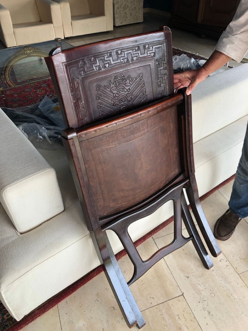 Vintage chair and table set with tooled leather