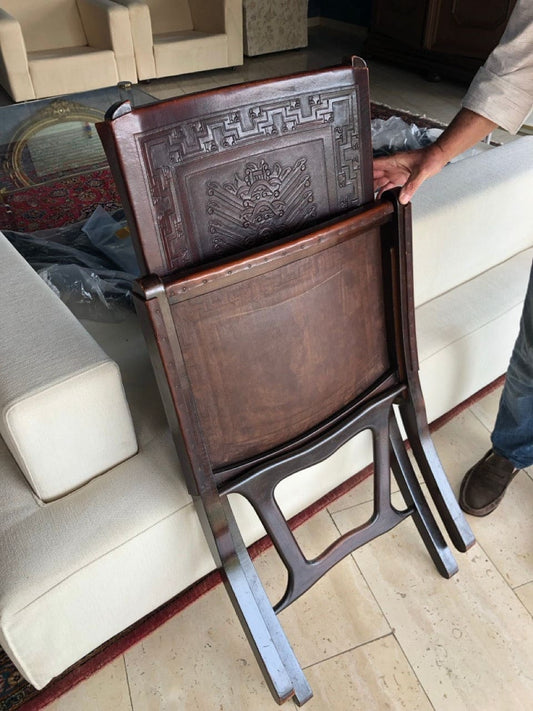 Vintage chair and table set with tooled leather
