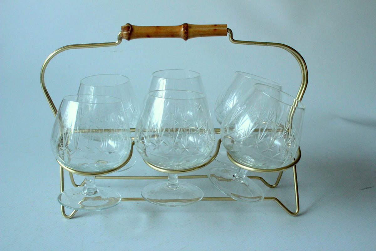 Set von 6 Vintage Cognacgläsern im Messingständer