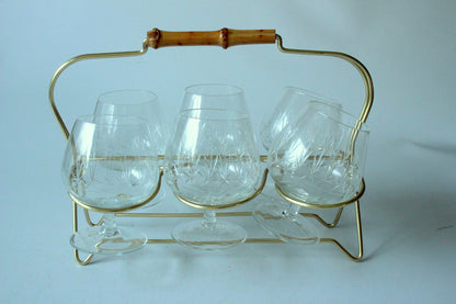 Set von 6 Vintage Cognacgläsern im Messingständer