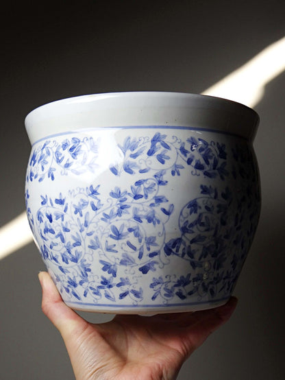 Vintage Übertopf Porzellan blau-weiß mit Blütendekor, China
